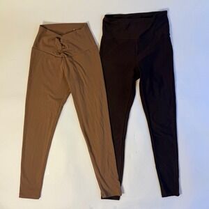 SO Womens High Waisted 7/8 Leggings Set Tan Crossover Twist & Black Small 2PK